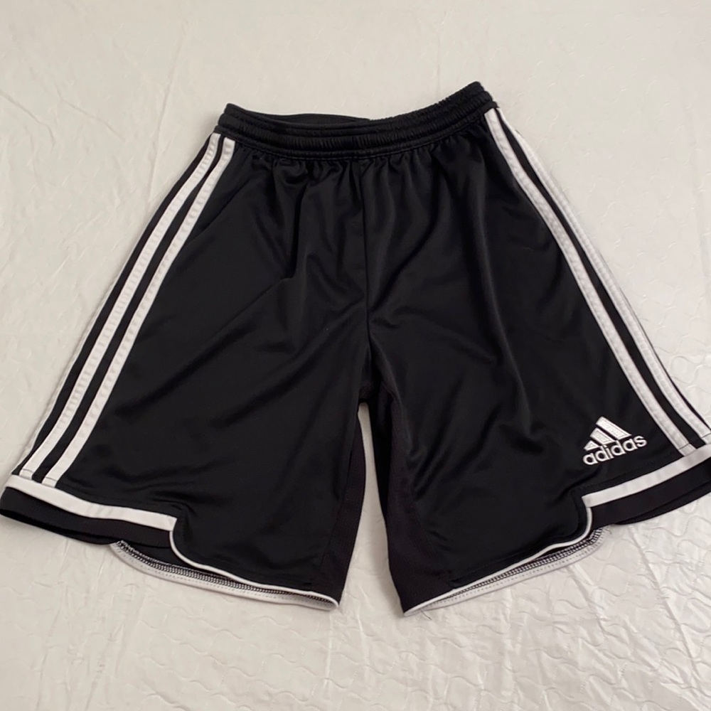 Adidas black athletic shorts with signature white stripes L